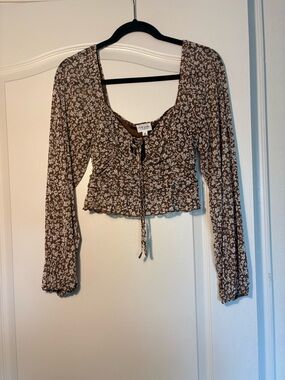 Lelis Brown Floral Ruched Long-Sleeve Crop Top